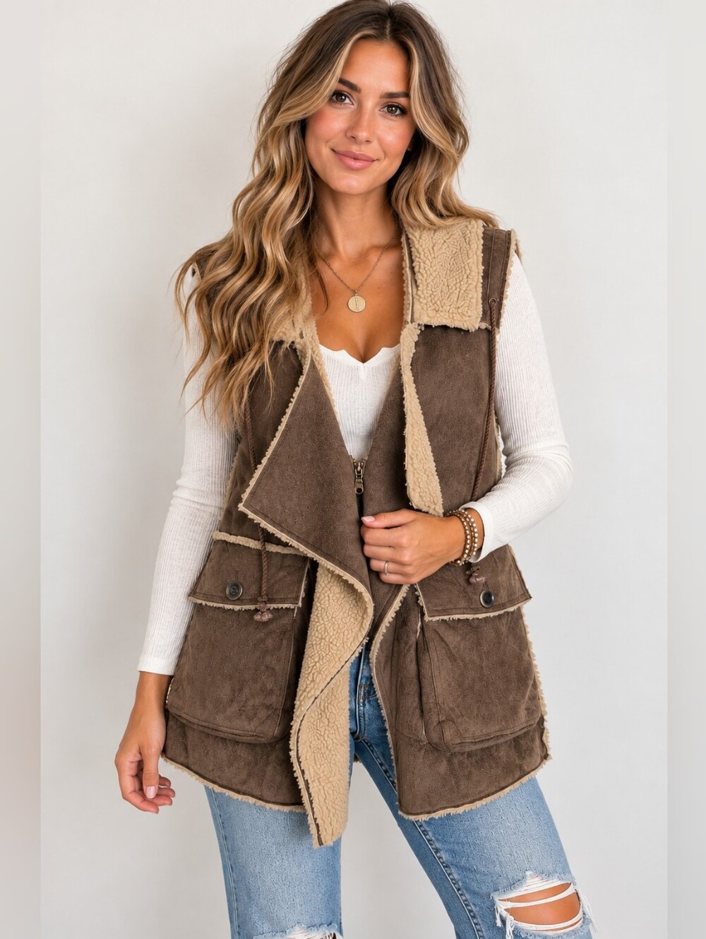 Robbi & Nikki Brown Faux Suede Sherpa Hooded Utility Vest Size M Boho